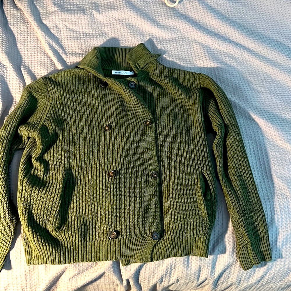 Double breasted army green cardigan. Cotton. Never worn